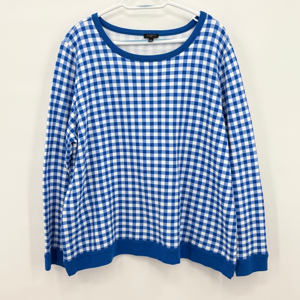 Talbots Plus Womens 2X Blue White Gingham Checkered Cotton Blend Sweatshirt Top